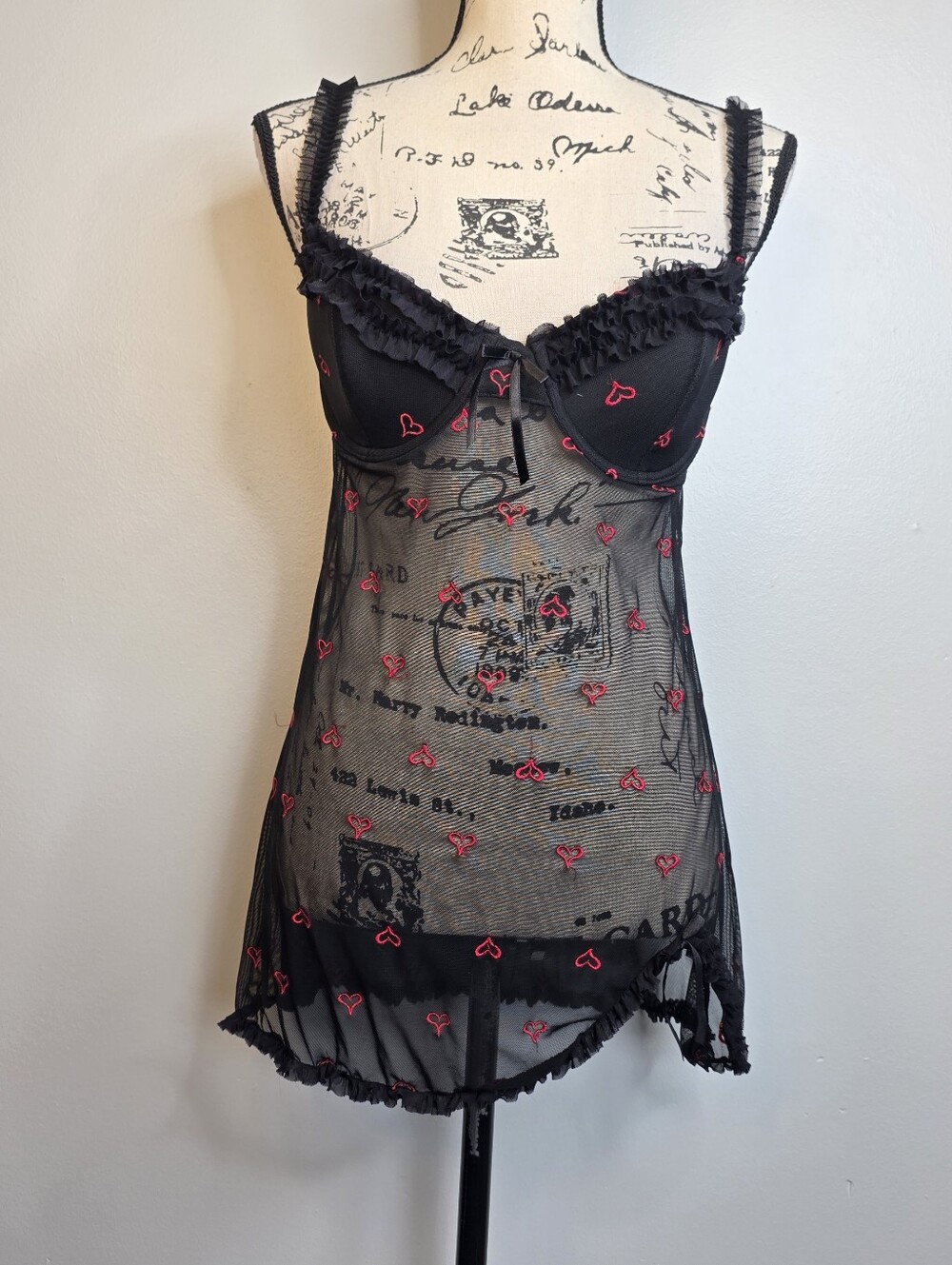 Nature Intimates Black Sheer Mesh Babydoll Chemise with Pink Heart Embroidery.